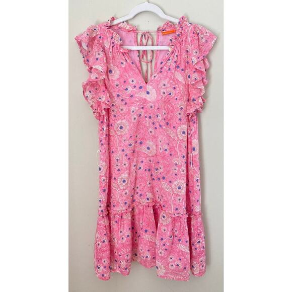 Oliphant Flirty Ruffle Hem Carolina Pink Cotton Block Print Dress Tuckernuck Med - Picture 11 of 16